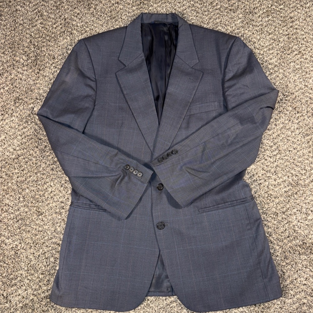 Vintage 80s Burberrys 40R Wool Grey Striped Windowpane Blazer Saks Fifth Avenue